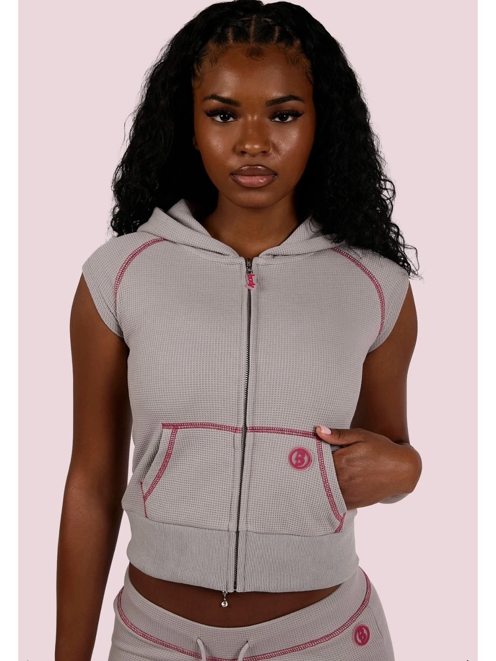 Sleeveless Zip-Up Hoodie in Light Gray with Pink Stitching body by raven Tracy